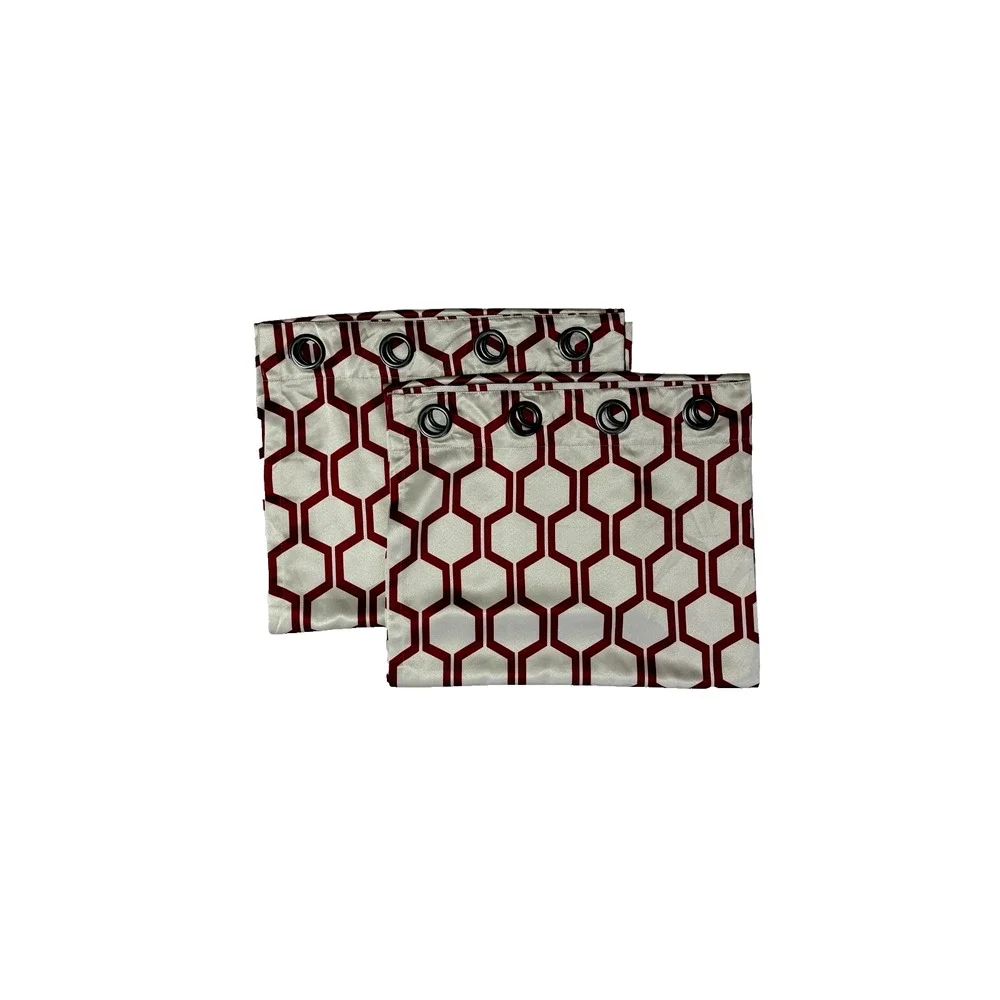 Pair of Tan Red Geo Print Curtains Satin Faux Silk Grommets 2 Panels Drapes 84